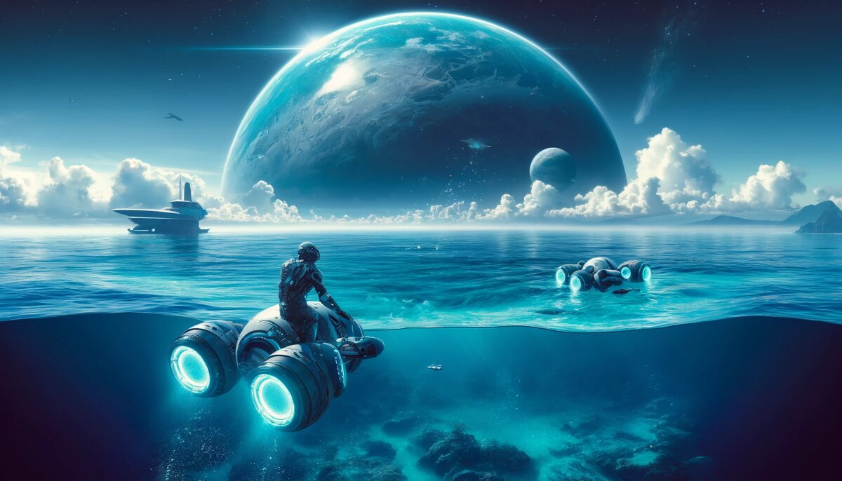 Вид чужой океанической планеты Аквариа, где Аврора и Люкс выходят из океана на свой космический корабль.