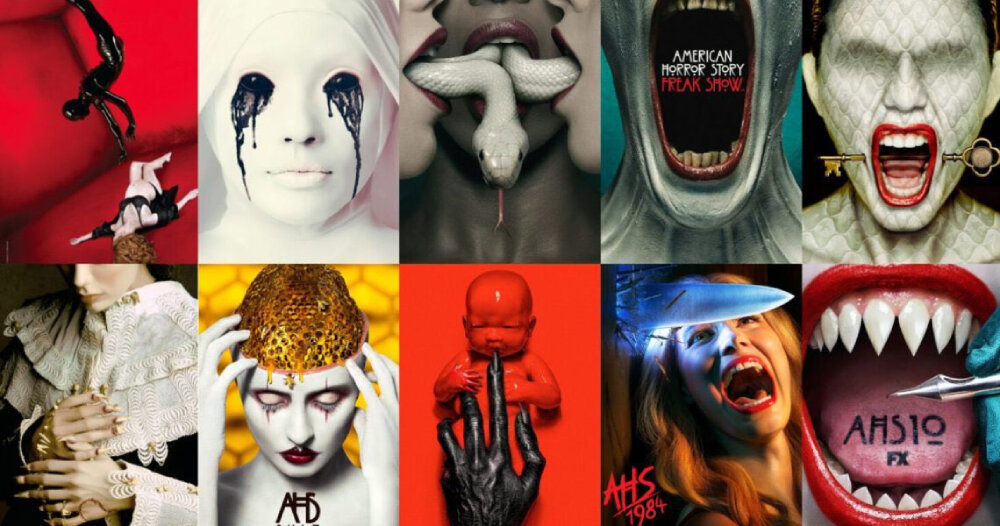 Обложки к сезонам сериала "Американская история ужасов". Всего 12 сезонов. Картинка взята из открытых источников. 
