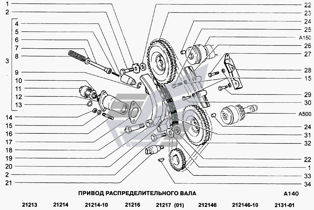 Привод механизма ГРМ ВАЗ 2101-07. 2121,-213,-214-с двурядной цепью