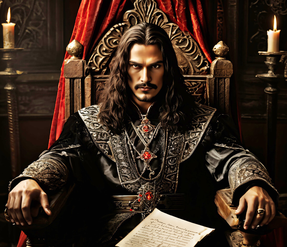 Влад Цепеш, больше известный как исторический Дракула, и одно из его писем (Рисунок нейросети) 