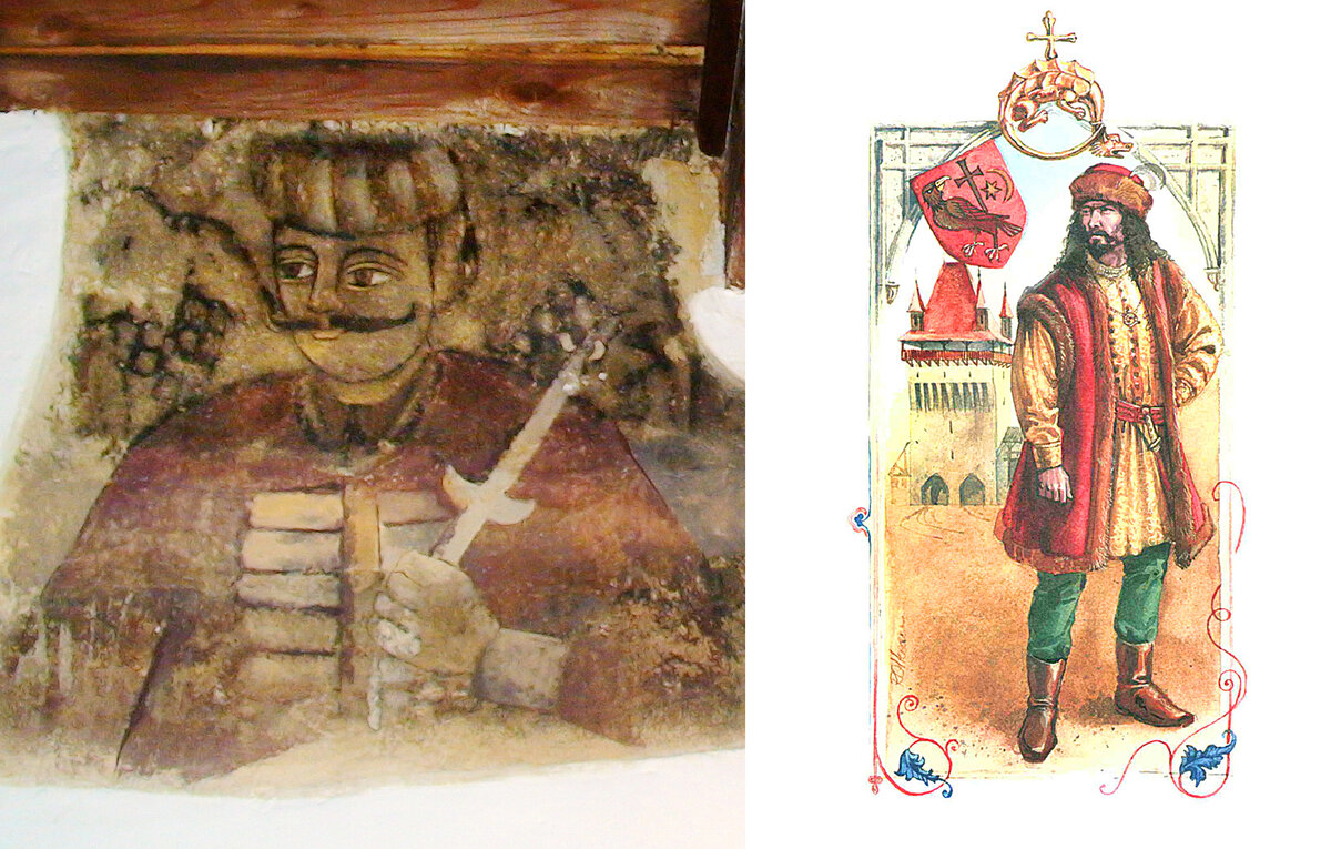 Влад II, отец Дракулы. Слева его изображение на старинной фреске, а справа – портрет, нарисованный современным румынским художником Раду Олтяном