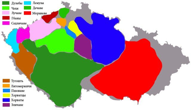 Расселение славянских племен на карте современной Чехии (мораване - красные).