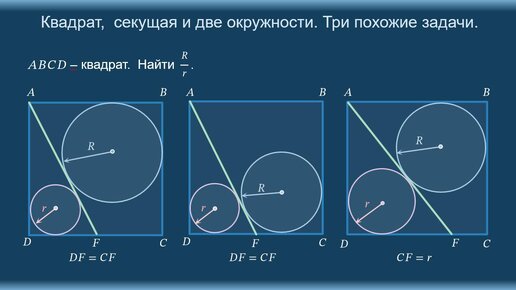 Квадрат, секущая и две окружности. Три похожие задачи.