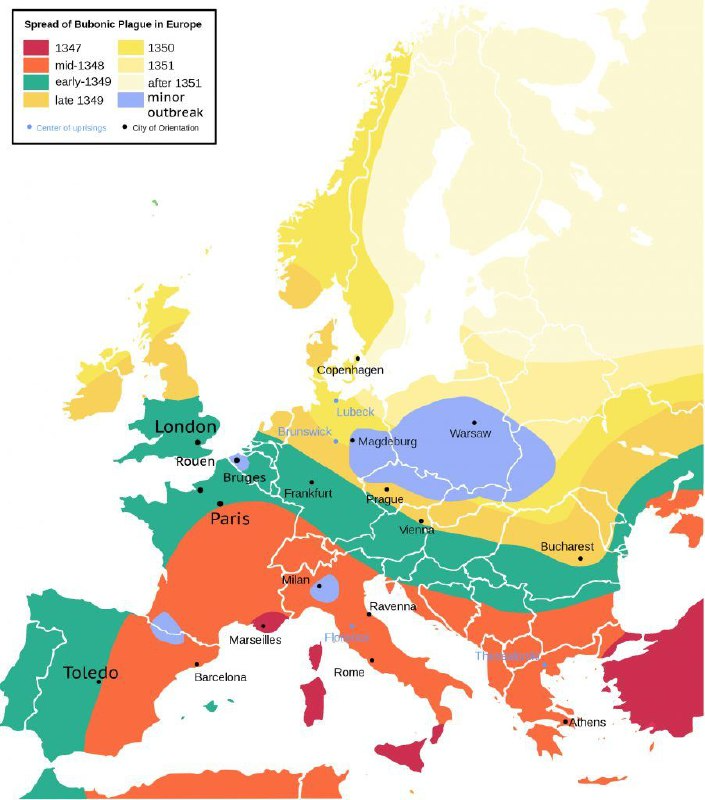 Распространение чумы в XIV веке.