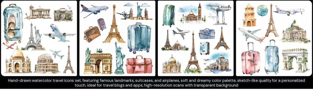 Hand-drawn watercolor travel icons set, featuring famous landmarks, suitcases, and airplanes, soft and dreamy color palette, sketch-like quality for a personalized touch, ideal for travel blogs and apps, high-resolution scans with transparent background