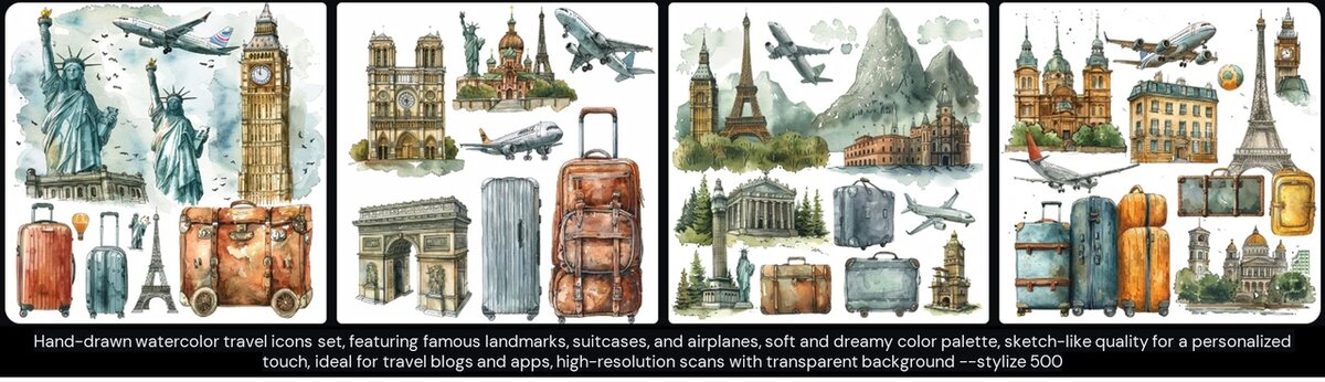 Hand-drawn watercolor travel icons set, featuring famous landmarks, suitcases, and airplanes, soft and dreamy color palette, sketch-like quality for a personalized touch, ideal for travel blogs and apps, high-resolution scans with transparent background --stylize 500