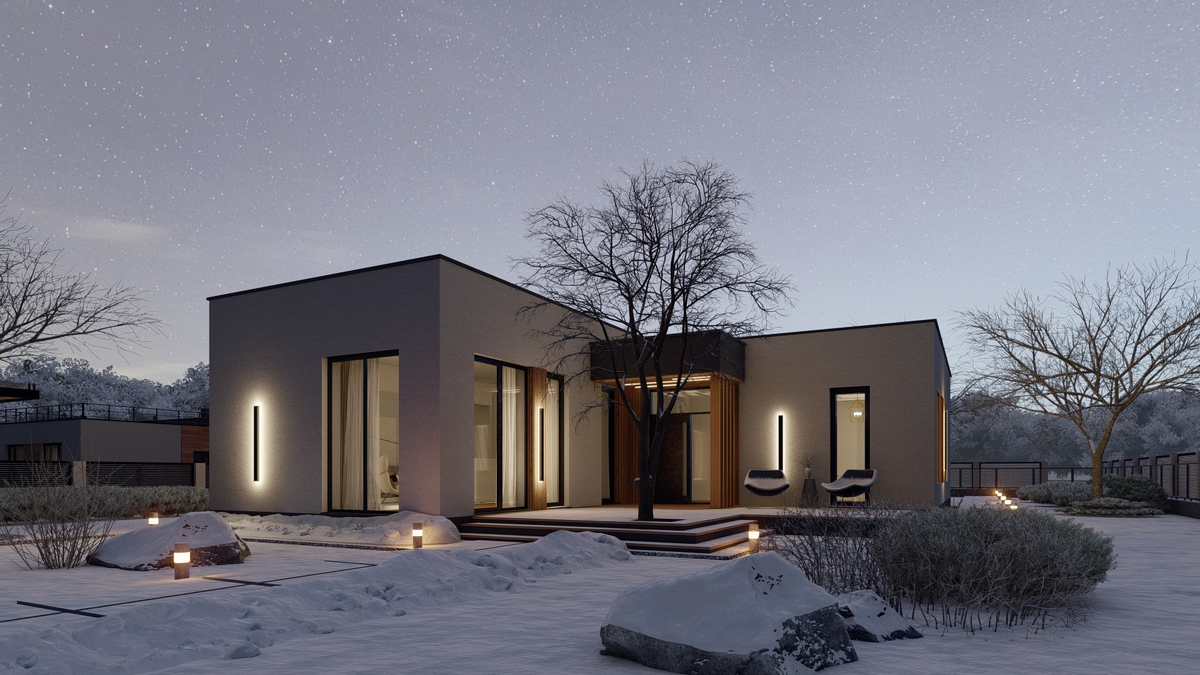 Минималистичная подсветка входного фасада дома