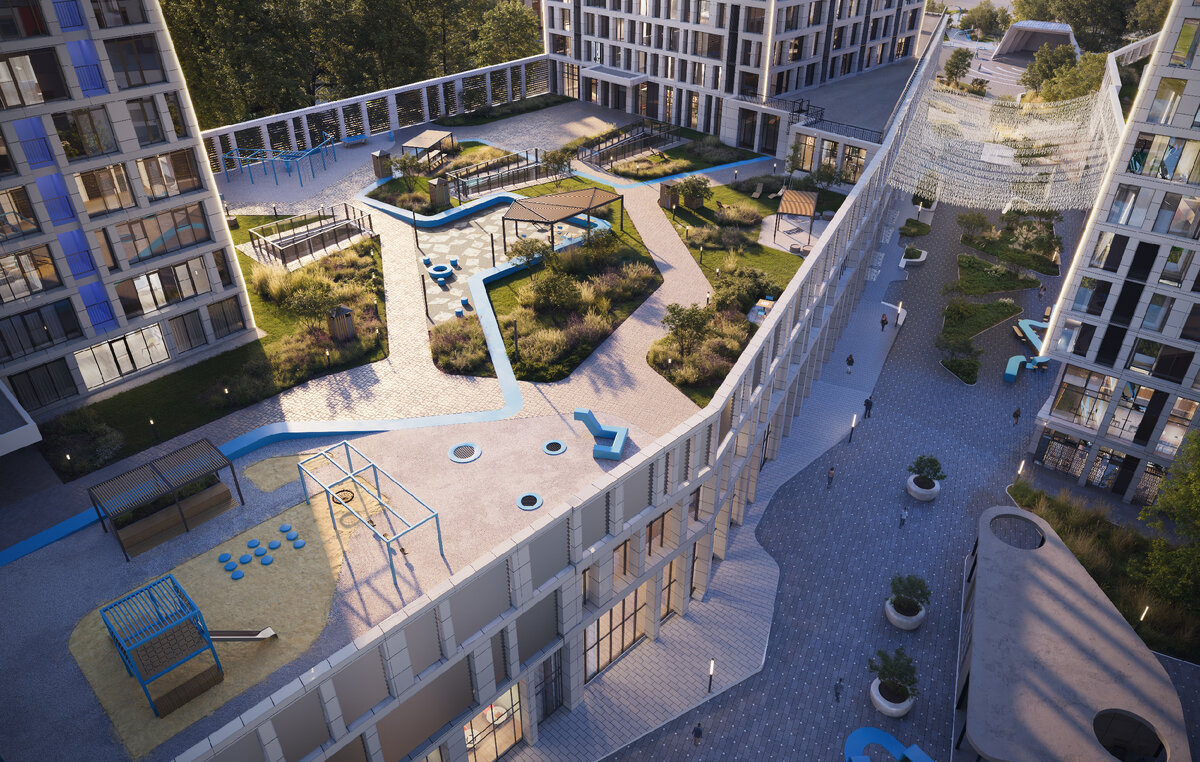 Функциональные детские площадки башен OCEAN CITY расположены на стилобате — безопасно от машин и посторонних. 