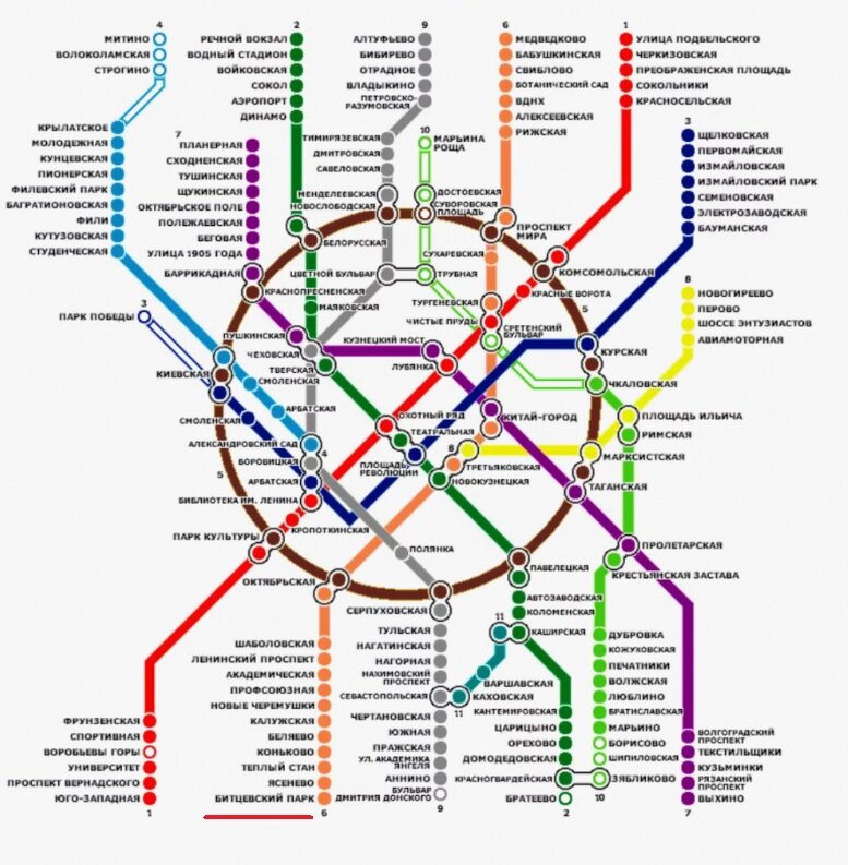 Официальная схема метро начала 2000-х. Внизу на оранжевой ветке еще "Битцевский парк"