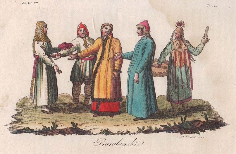 Барабинские татары в своей традиционной одежде. Рисунок 1827 года. Милан. 210 x 262 мм / 8,3 x 10,3 дюйма. Ferrario G.