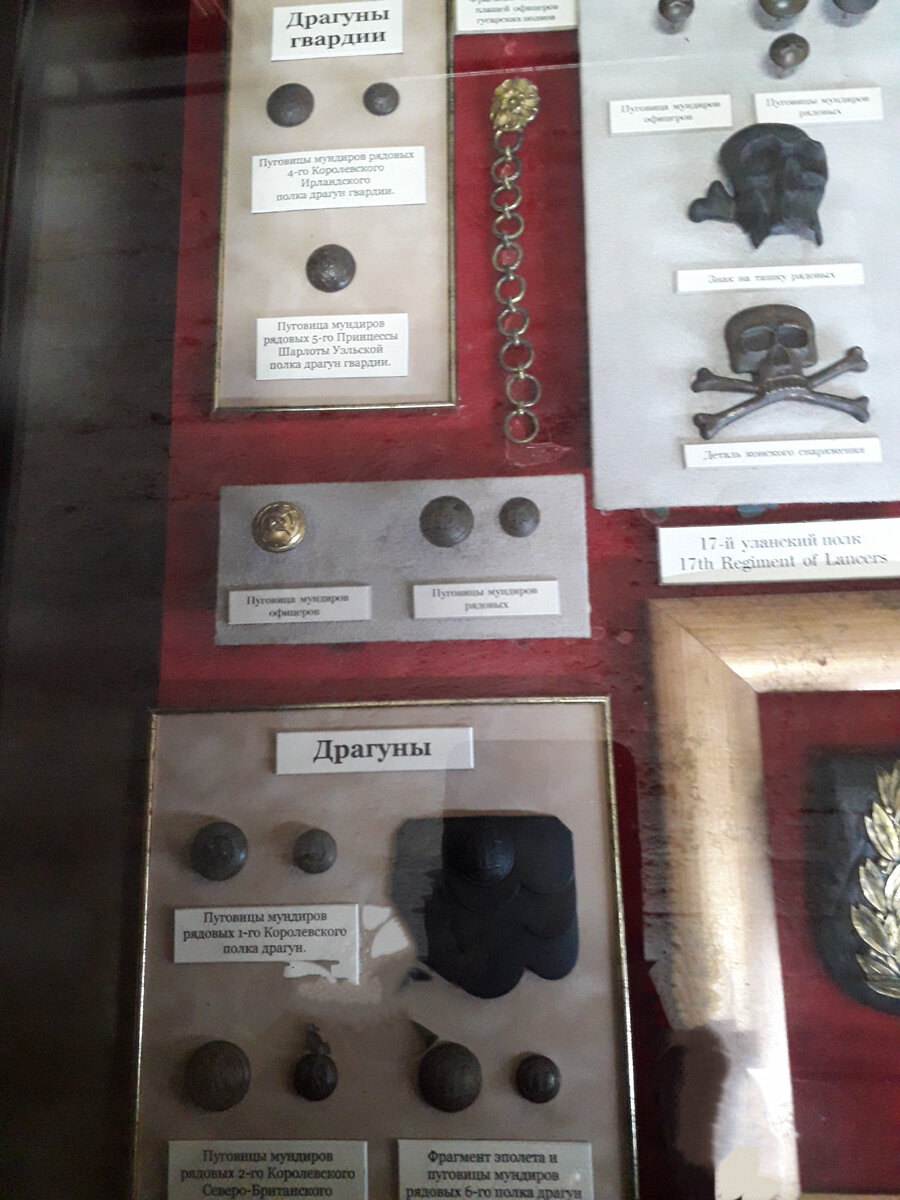 Витрина о драгунских и уланских полках Британской империи: пуговицы, детали и знаки на ташки (сумки) рядовых