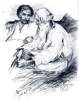 Левин и старик, иллюстрация М. Щеглова. Так и кажется, что это персонаж беседует с автором. 