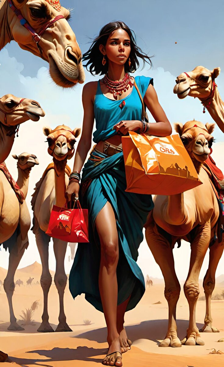Девушка с пакетами и верблюдами. Картина создана нейросетью ИИ и Безумным Фермером.