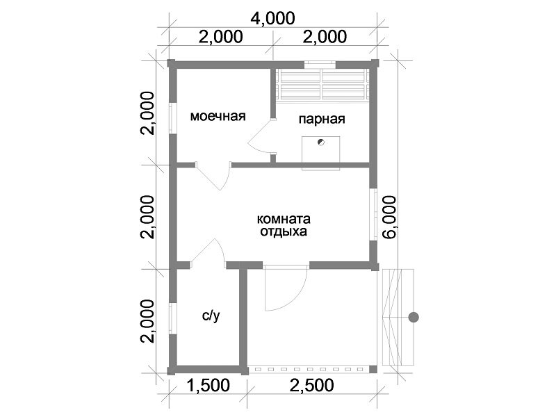 Проект бани 6х4 с террасой и комнатой отдыха