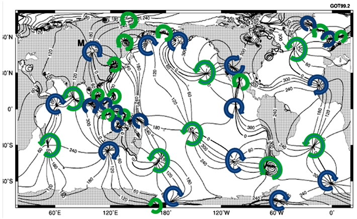 Карта приливных высот и амфидромических точек.