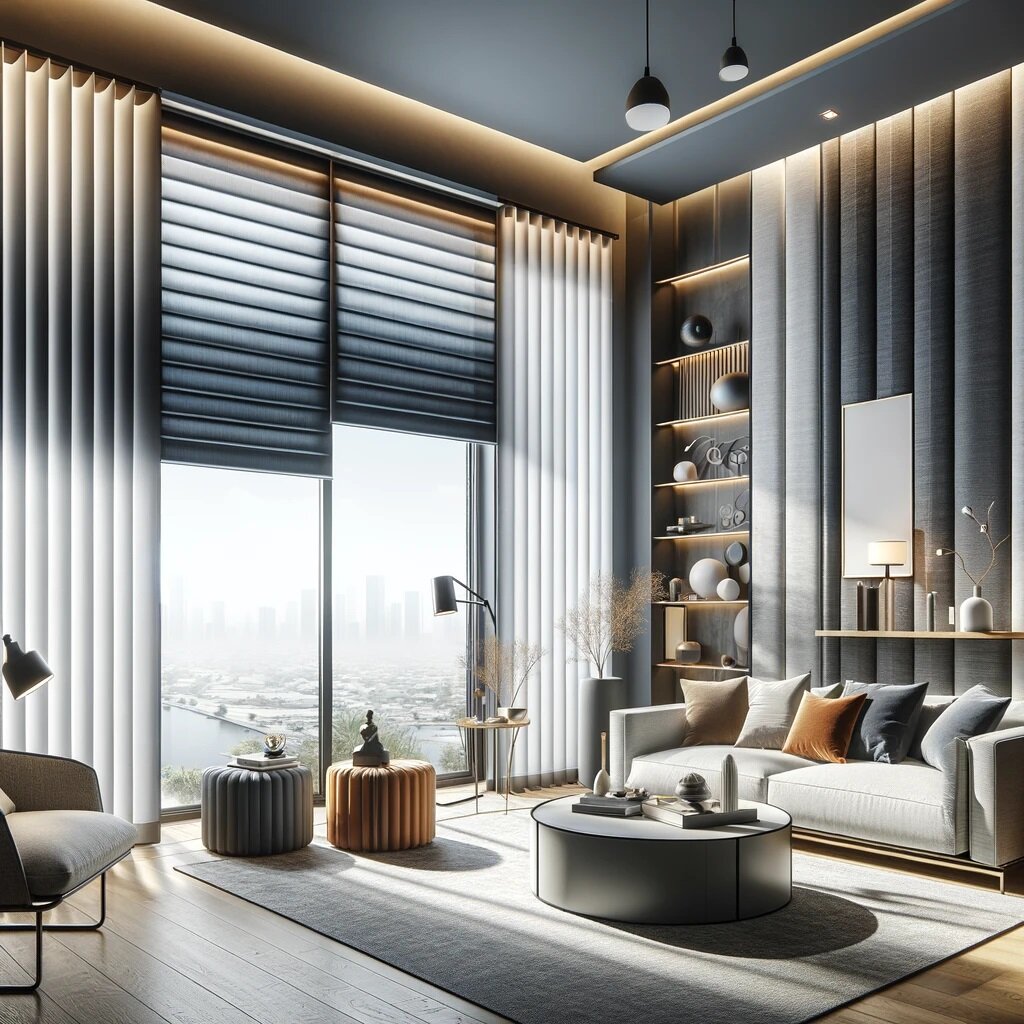 Дизайн окна с рулонными шторами день ночь