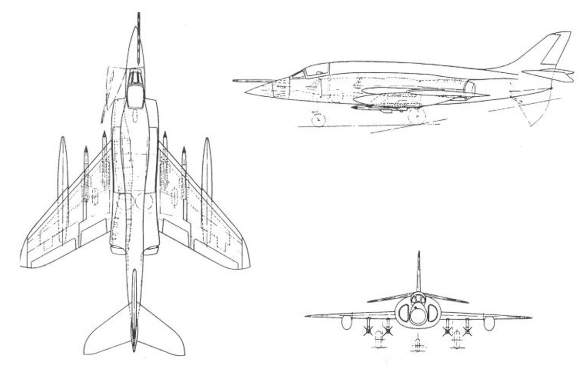  схема проекта сверхзвукового истребителя Scimitar Type 576 (5.12.58). Эта версия должна была получить оснащенный форсажной камерой двигателем RB.146 и складывающимися частями консолей с меньшей относительной толщиной. На пилонах, прикрепленных к нижним поверхностям фиксированных частей консолей крыла, подвешены четыре ракеты Firestreak или Red Top
