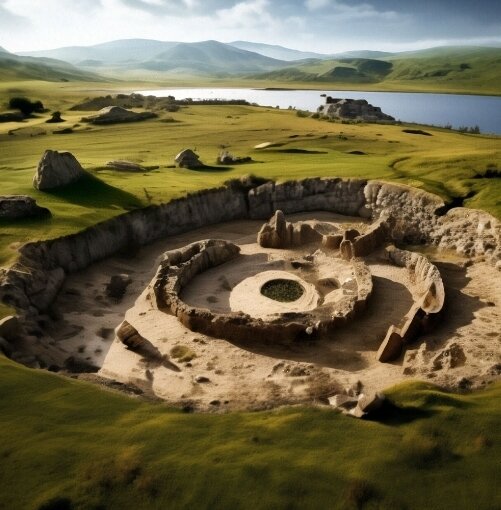 Вот так глупый ИИ представляет себе поселение людей Бронзового века. Картинка создана ИИ по запросу автора.