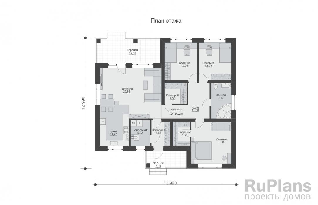 Общая площадь  116,1 кв.м Жилая площадь  67,8 кв.м
Размеры дома  13 x 14 м
Высота здания  6,6 м
Количество комнат  4
Количество спален  3
Отделка  штукатурка и декоративный камень
Материал стен  пеноблок / газобетон
Фундамент  монолитная плита
Перекрытия  балки