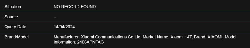 Xiaomi 14T в базе данных IMEI