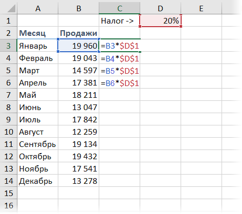 Рис. Каждая нижеследующая умножается на значение в одной и тойже ячейке
