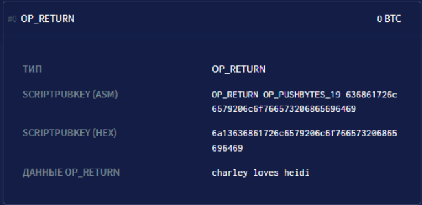 Как мы видим, в поле “Данные OP_RETURN” у нас есть любовное признание от Чарли