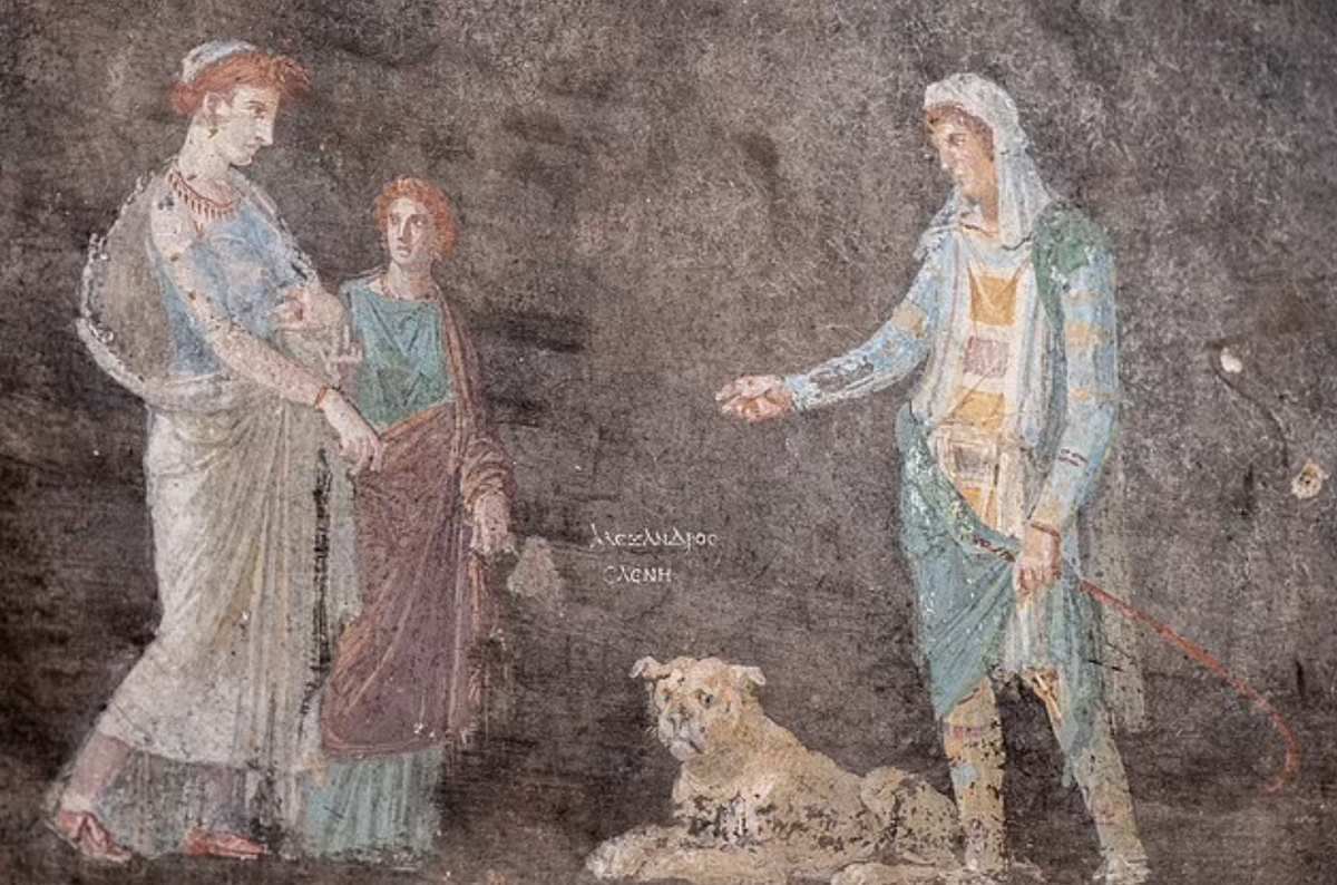 На черном фоне изображена Елена Троянская (слева с медсестрой или служанкой), встречающая Париса, принца Трои (справа со своей собакой). Маленькая греческая надпись гласит: Александр Елена. Александр — другое имя Париса.