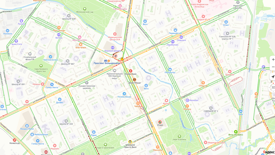    Дорожная обстановка в районе станции метро "Проспект Большевиков" в Петербурге после ДТП с бетономешалкой на проспекте Пятилеток (место ДТП отмечено на карте, справа от станции метро) Автор фото: "Яндекс.Карты"