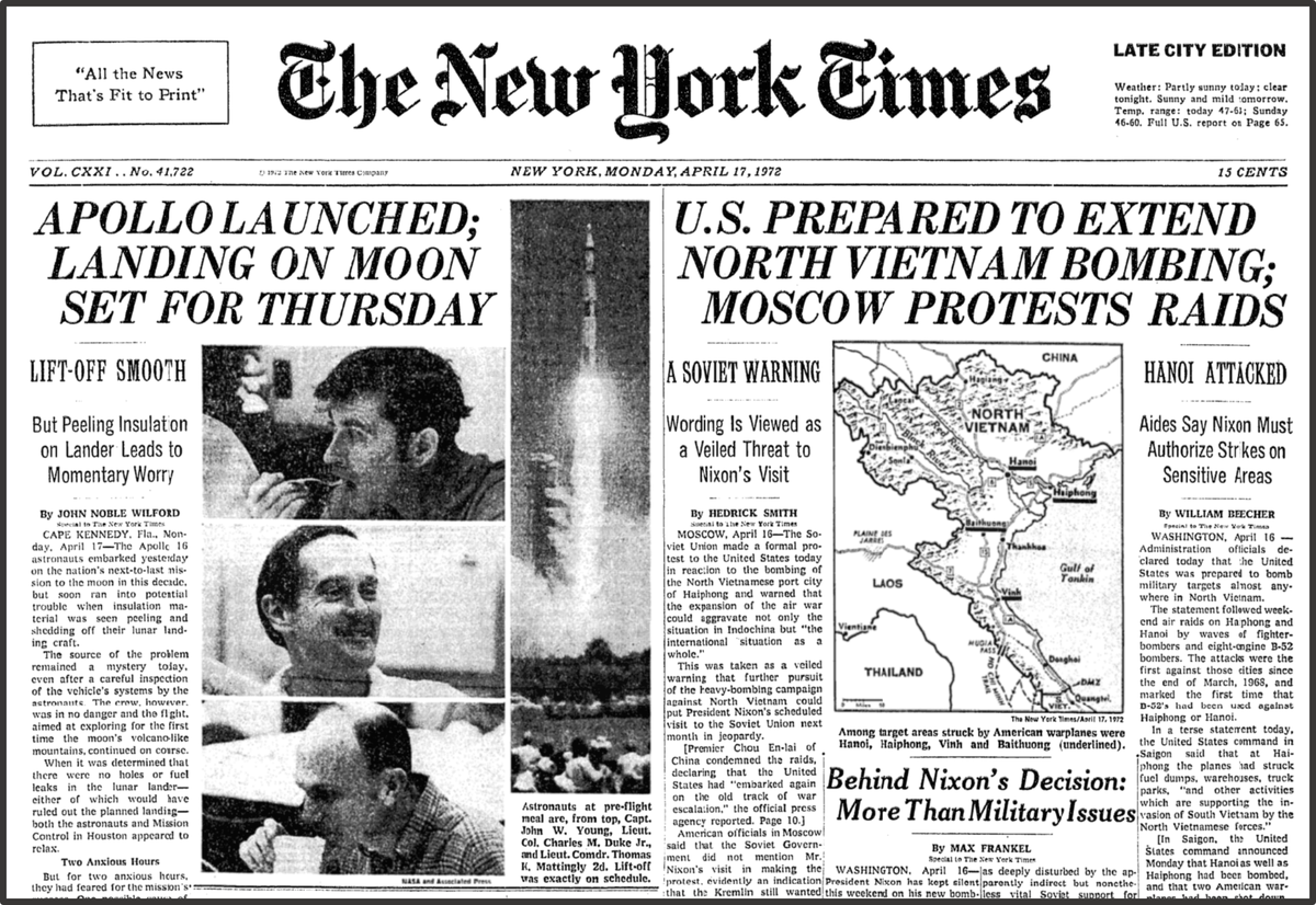 Газета Нью-Йорк Таймс от 17 апреля 1972 года. Первая страница