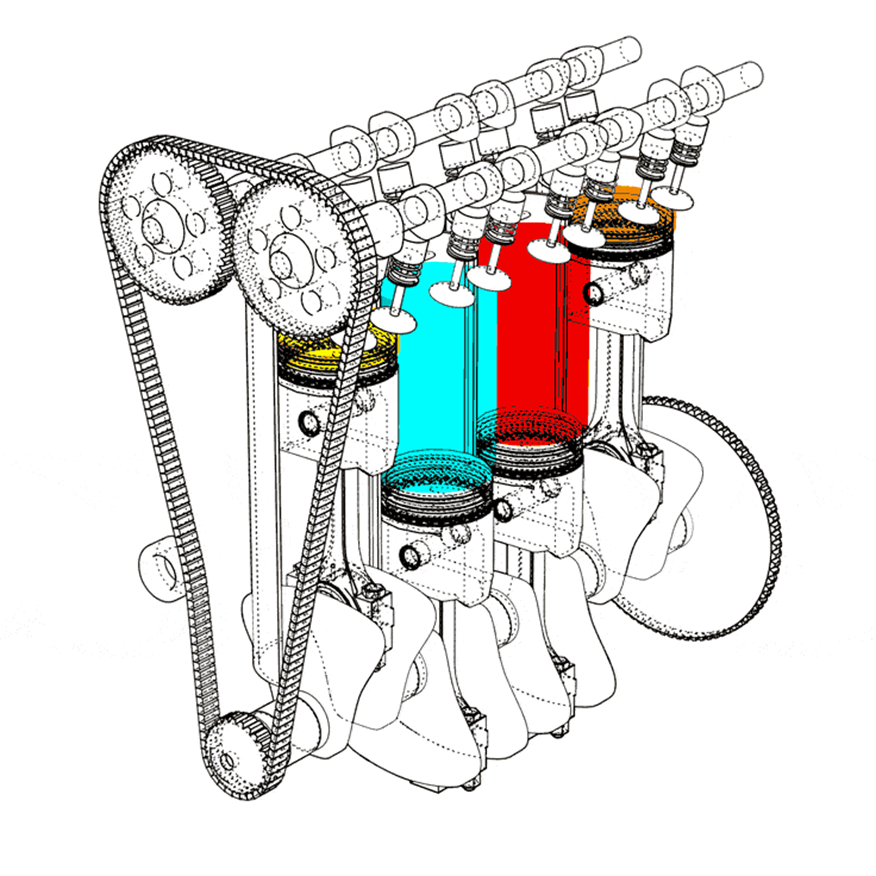 Такты цикла проходят последовательно в каждом цилиндре