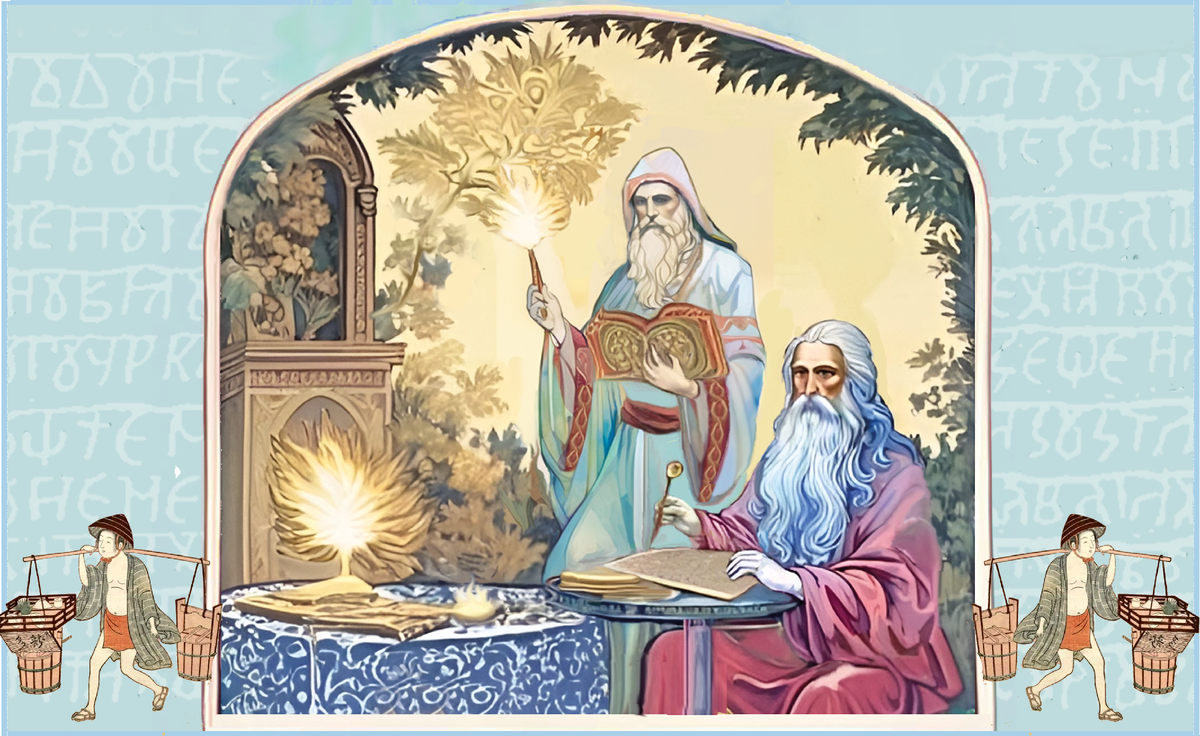 1) Влх. Ягайло Ган (Ладень), наносит руны на дощечки "Велесовой книги" (IX век). 2) Влх. Мовеслав (Мосияр) держит в руках "Ярилину книгу" (IV в.) Символический рис. А. Асова.