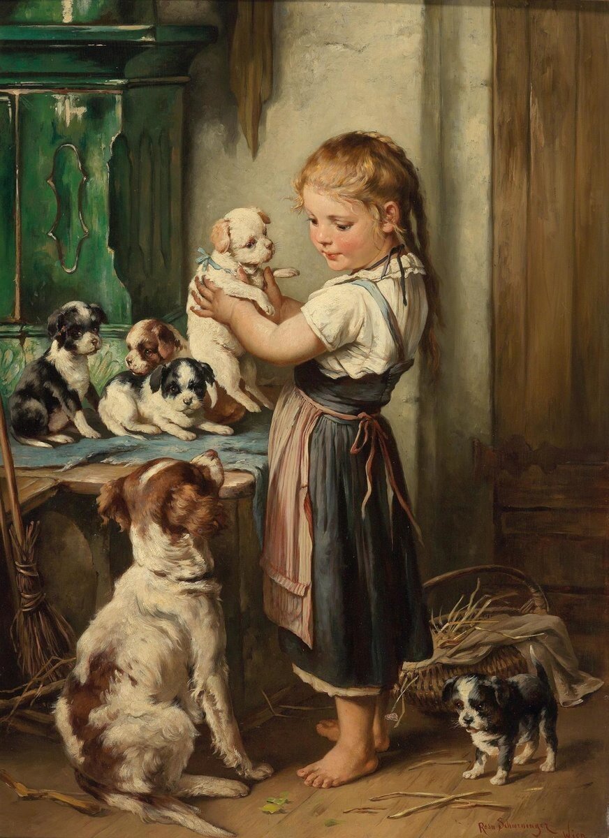 👉 «Мать-собака» (The Dog Mother), Роза Швенингер, частная коллекция. Точная дата создания неизвестна. Часто эту картину называют «Девочка с щенками».