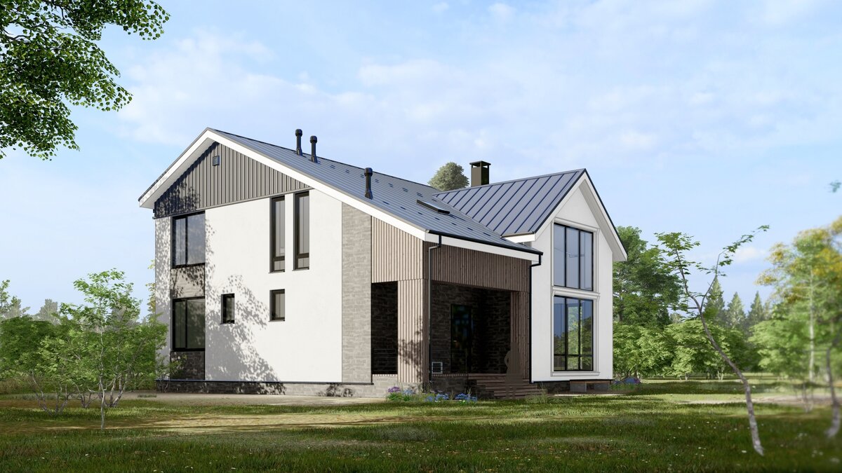 Вертикальная отделка деревом в комбинации со штукатуркой