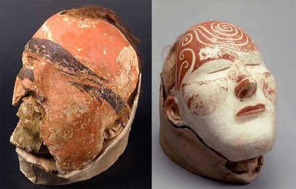 Енисейские черкасы. Черепа с посмертными гипсовыми масками. 1-е тысячелетие до н.э. Таштыкская археологическая культура. Абакан, краеведческий музей. Заметны рыжие казачьи чубы, а также спирали - сакральные символы, cимволизирующие связь с Небом, с надвременной природой реальности.