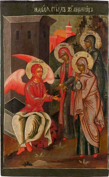 ЖЕНЫ МИРОНОСИЦЫ У ГРОБА ГОСПОДНЯ Вторая четверть - середина XVIII века. Костромская провинция. Дерево, темпера; 69 × 42 см. Собрание Музея имени Андрея Рублева