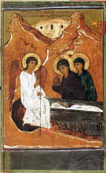 ЖЕНЫ-МИРОНОСИЦЫ У ГРОБА ГОСПОДНЯ Первая треть XVII века. Центральная Россия
Дерево, темпера; 56 х 34,5 см. Собрание Музея имени Андрея Рублева