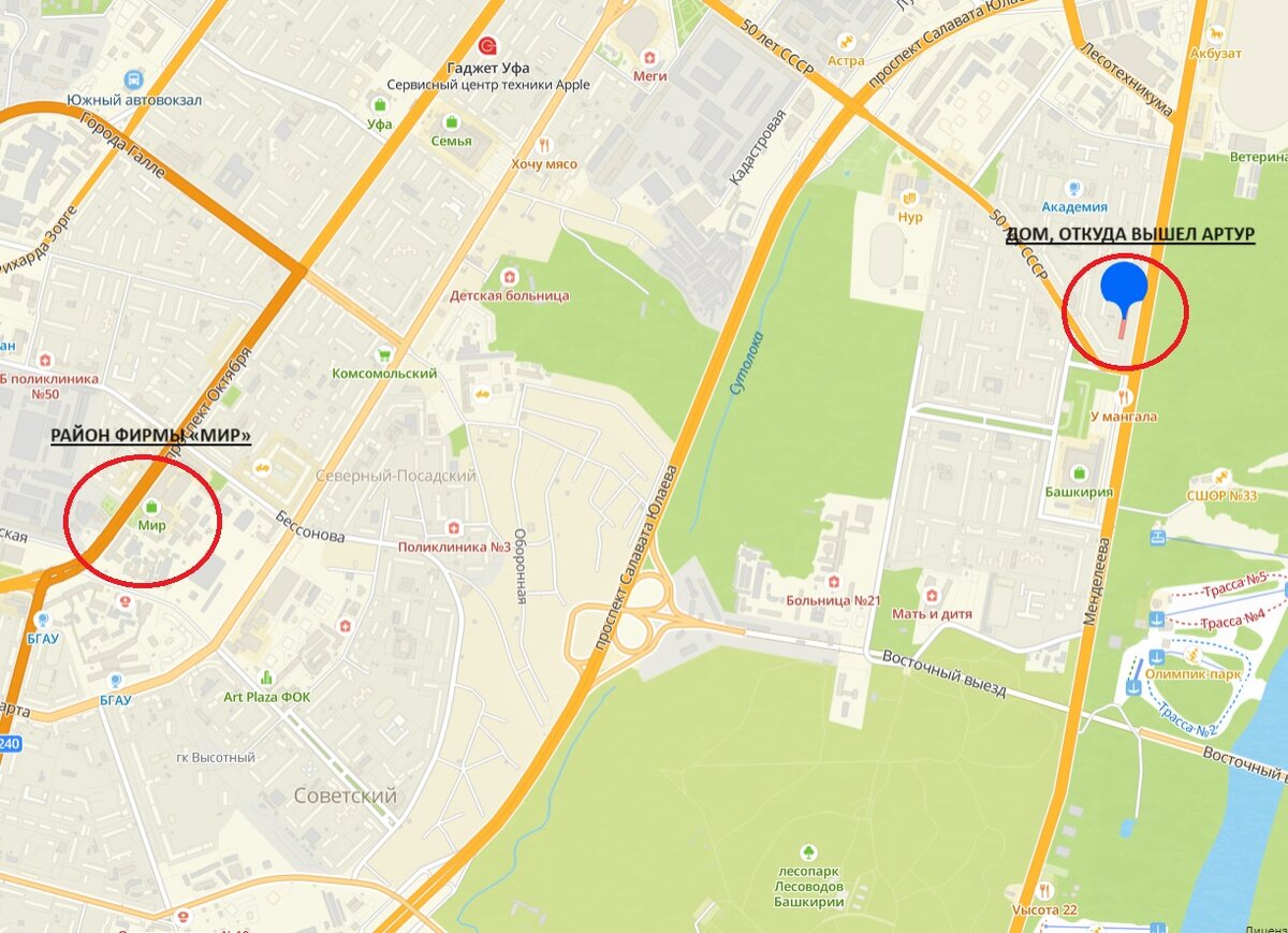 На карте помечены дом, откуда вышел Артур, и район, где в последний раз ловил сигнал его телефон
