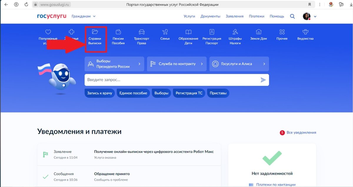 Шаг 2 : выбираем раздел "Справки, выписки"