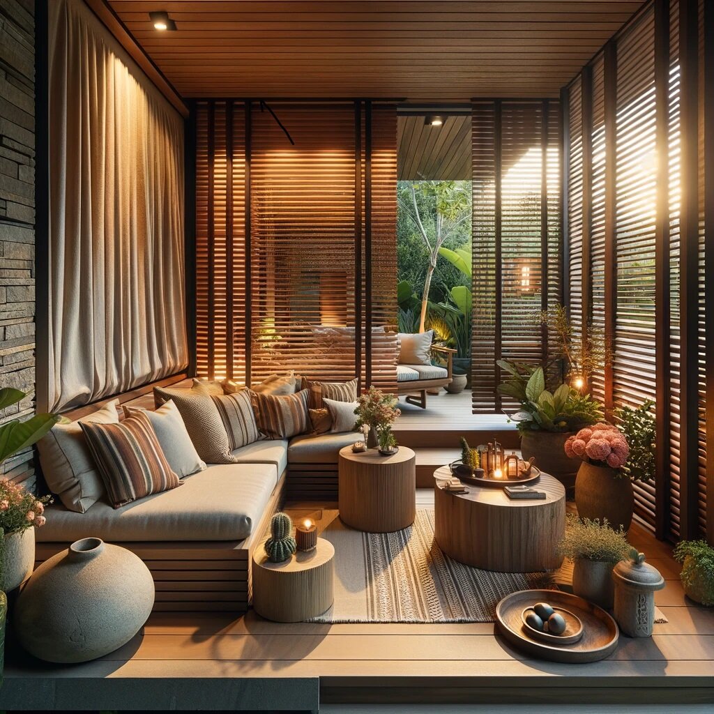 Горизонтальные деревянные жалюзи в интерьере веранды