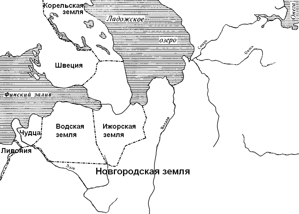 Где в XIV-XV вв жили ижоры и водь, о которых пойдет речь: карта К. Жукова