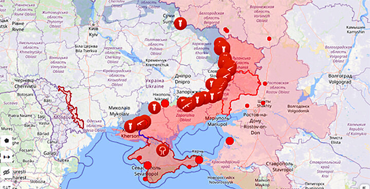 КАРТА УДАРОВ, НАНЕСЁННЫХ СТОРОНАМИ ЗА ПОСЛЕДНИЕ СУТКИ. ИСТОЧНИК: LIVEUAMAP.COM