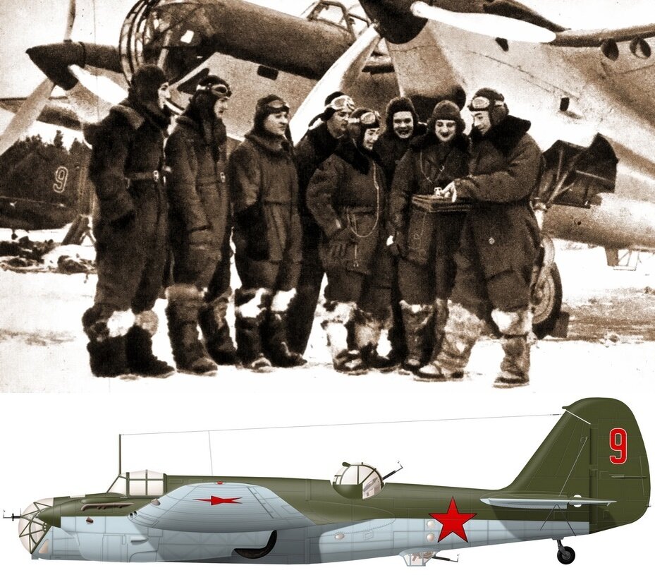 Экипажи 214-го СБАП 23-й САД у самолётов СБ 2М-105, зима 1940–1941 гг. Внизу реконструкция внешнего вида бомбардировщика по фото (художник Александр Казаков).