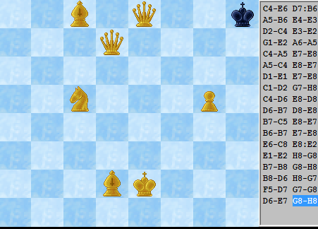 Мат белыми E1-E2 H8-G8 B7-B8 G8-H8
B8-D6 H8-G7
F5-D7 G7-G8
D6-E7 G8-H8