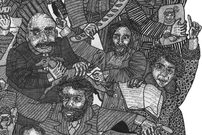 Билибин справа по центру, тыкает иголочкой коня Петрова-Водкина, чтобы оценить пластику брыкающейся животинки и зарисовать под богатырём