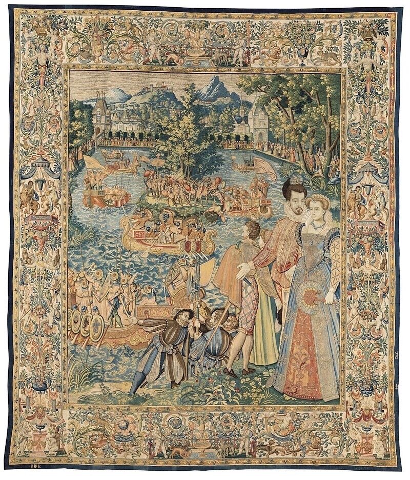 1-й сюжет «Атака на замок Фонтенбло» 404х344 см изображает инсценированную битву в ходе которой «добро» спасает заточенных в замке дам. Само мероприятие состоялось в 1564 году.