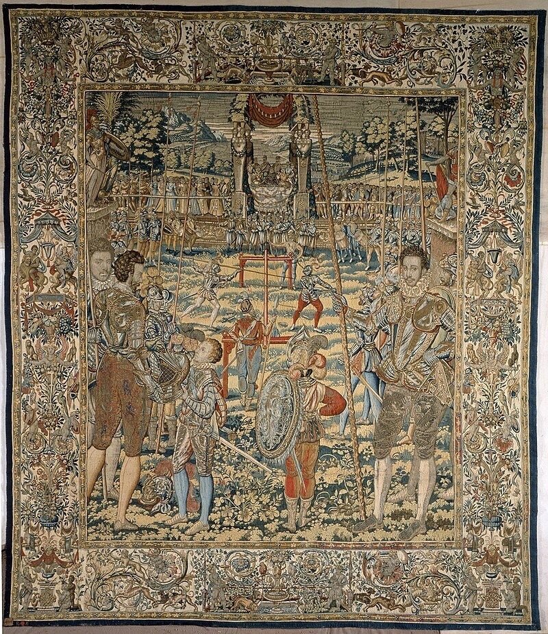 2-й сюжет «Бой у барьеров» 386х328 см показывает бой пеших рыцарей с использованием копий. Эти турниры проходили в 1564 и 1565 годах.