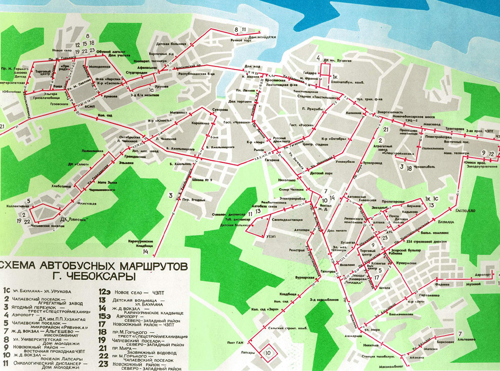 Схема автобусных маршрутов 1987 — 1988 годов.
