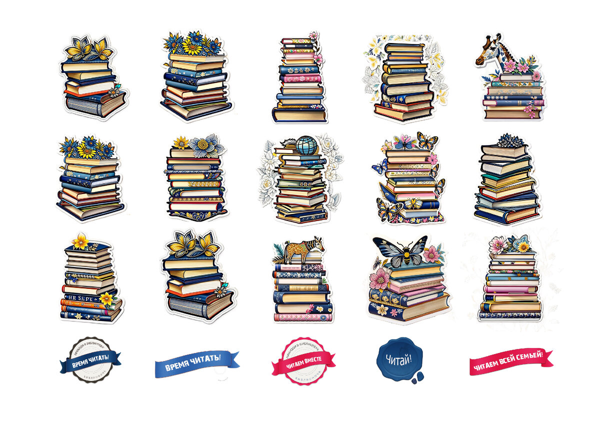 Стикерпак "Читаем вместе!" для мероприятий и занятий с детьми. Подписи в цветах БиблиоНочи-2024