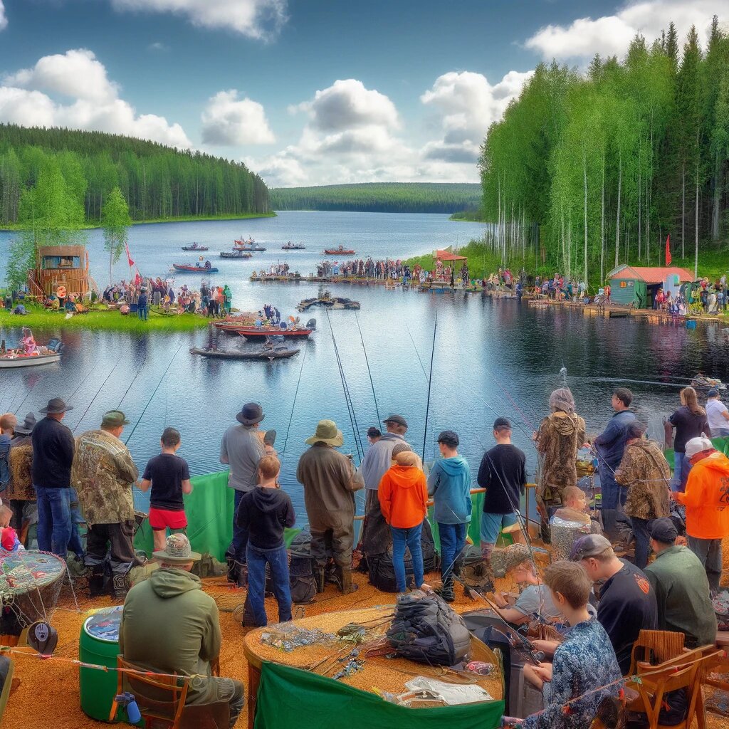 "Олонецкая рыбалка" в Карелии, Россия. На фото запечатлены рыбаки, участвующие в соревнованиях по рыбной ловле на большом озере, окружённые пышными зелёными лесами Карелии. Участники всех возрастов наслаждаются соревнованием, вооружённые рыболовными снастями. Атмосфера праздничная, с баннерами и традиционными карельскими украшениями на месте проведения, что подчеркивает культурный аспект мероприятия.