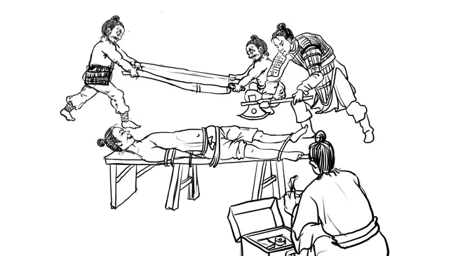 Гипотетическое воссоздание юэ, рядом с которым ждет врач. (Изображение предоставлено: Qian Wang/Texas A&M University)